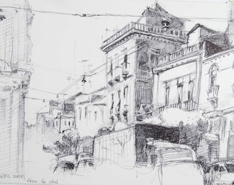 Italy Drawing, Original Art Cityscape Travel Sketch. Streetscape Buildings, Trucks & Cars. Black Ballpoint Pen on paper. Artist Todd Tremeer