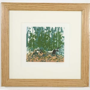 Linocut Landscape, Framed Multi-color Relief Print of Green Forest Trees, Canadian Landscape, Original Art Printmaking Artist Todd Tremeer