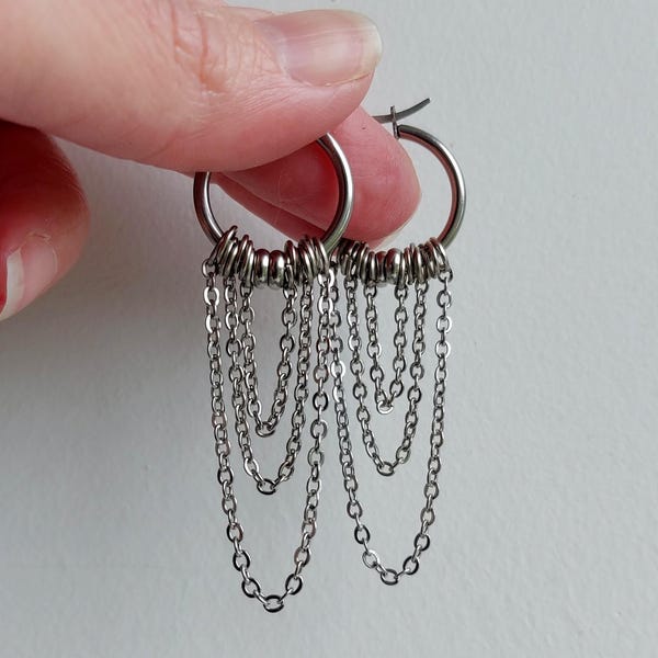 Gothic chain earrings Punk huggie earrings Silver metal alt jewelry Unisex Hypoallergenic Goth Y2K Grunge style Simple Hippie Gift idea
