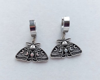 Moon moth hoop earrings Gothic silver butterfly Huggie earrings Gothic Lunar Moon luna moth earrings Insect earring Grunge style Goth Punk