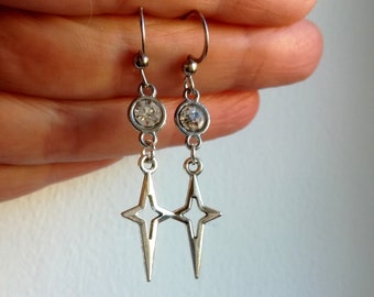Gothic star earrings Silver star earrings Stainless steel hooks Rock star’s girlfriend earrings Spike starburst earrings Alternative grunge