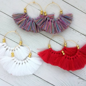 Fringe tassels earrings Rainbow multicolor fan tassels Gold hoop earring Bohemian statement earrings Boho tassels earring 21st Birthday Gift