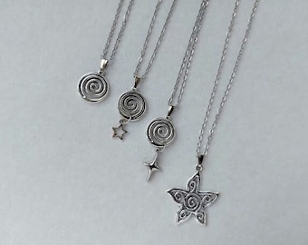 Silver Spiral Star Necklace Spiral Galaxy Swirl Vortex Pendant