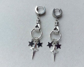 Silver star hoops earrings Celestial star earrings Stainless steel huggie hoops Grunge jewelry Gothic earring Y2k Goth Edgy  Punk Aesthetic