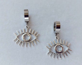 Evil eye charm silver earrings Hypoallergenic hoop earrings Gothic earrings TMA Y2k Pop Punk Grunge style Emo Lesbian earrings Gift idea