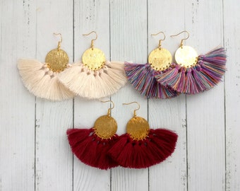 Fringe tassels earrings Rainbow multicolor fan tassels Bohemian statement earrings Gold disc Boho chic 21st Birthday Gift