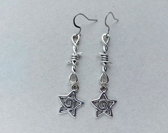 Silver swirly star earrings Barbed wire earrings Spiral star Stainless steel hook Whimsygoth Gothic Grunge Y2K  Goth Punk style Aesthetic