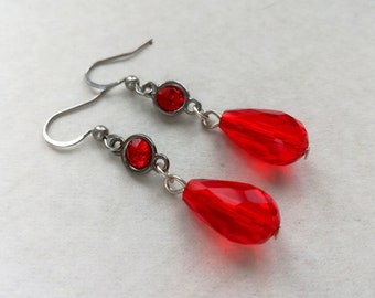 Anime earrings Cosplay earrings Red silver dangling drops Glass beads earrings Hypoallergenic minimalistic earrings Gift for her