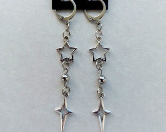 Silver star earrings Grunge jewelry hypoallergenic y2k goth edgy alt fairy punk aesthetic dangly chunky coquette minimalist Gift
