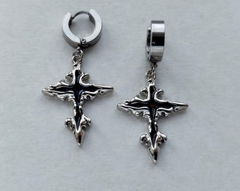 Silver Goth Cross Hoop Earrings Unisex Stainless Steel Statement Grunge Punk Gift Ideas Birthday Present Hoops Gothic Cross Rock Jewelry