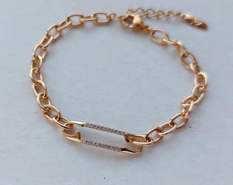 Safety pin 18K Gold bracelet Safety pin with white rhinestones Adjustable chain bracelet Alternative Y2K Punk style  Gift for her