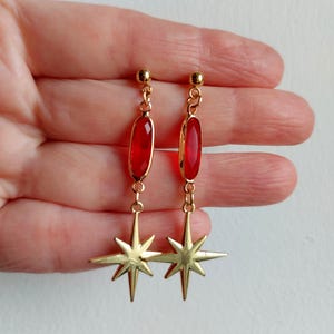 Gold star earrings Ruby red crystal earring Celestial jewelry North star Polar star Hypoallergenic Aesthetic Y2K Starburst Grunge