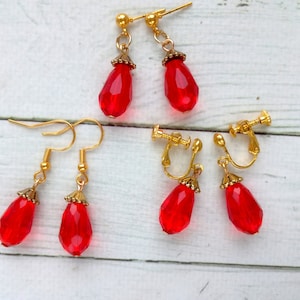 Anime earrings Cosplay earrings Red dangling drops  Clip-on glass beads earrings Hypoallergenic minimalistic earrings Gift for her