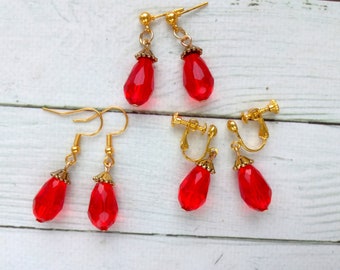 Anime earrings Cosplay earrings Red dangling drops  Clip-on glass beads earrings Hypoallergenic minimalistic earrings Gift for her