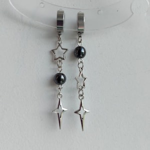 Mismatched celestial earrings Clip-on black hematite earrings No piercing earrings North star jewelry Silver star Emo Grunge Y2K  Goth alt