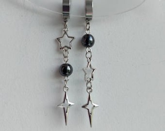 Mismatched celestial earrings Clip-on black hematite earrings No piercing earrings North star jewelry Silver star Emo Grunge Y2K  Goth alt