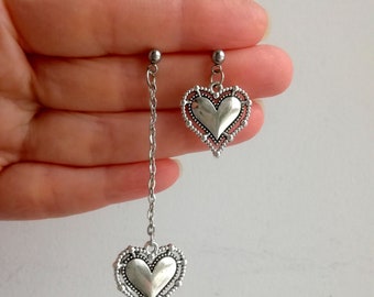 Asymmetrical heart earrings Silver gothic heart earrings Shinigami heart earring Stainless steel stud Minimalist openwork heart Grunge style