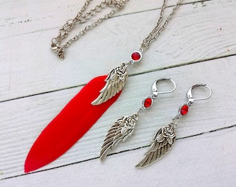 Hawks inspired feather necklace Hawks earrings Red feather necklace Red hawk wing Anime cosplay costume Hawks jewelry  Manga jewelry Gift