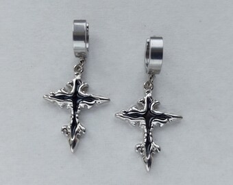 Gothic cross earrings Silver cross earrings Stainless steel hoops Rock girlfriend earrings Spike earrings Punk style Alternative grunge Gift