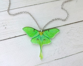 Acrylic luna moth necklace Whimsical luna moth necklace Stainless steel chain with green moon moth pendant Green butterfly necklac Fairycore