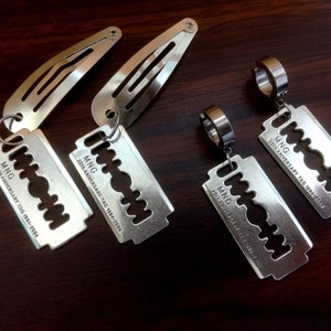 Razor blade hair clips Stainless steel hoop earrings with razor blade Alternative hair jewelry Grunge Goth Devil Punk style Emo style Horror
