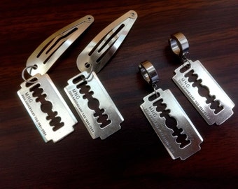 Razor blade hair clips Stainless steel hoop earrings with razor blade Alternative hair jewelry Grunge Goth Devil Punk style Emo style Horror