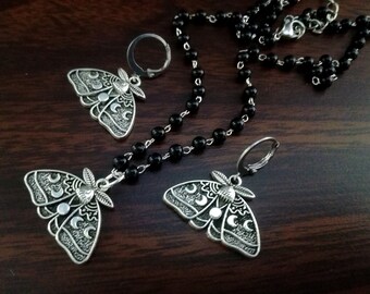 Moth earrings Moon luna moth necklace Moth necklace Insect necklace Black goth rosary necklace Butterfly choker Grunge Goth Devil Punk Emo