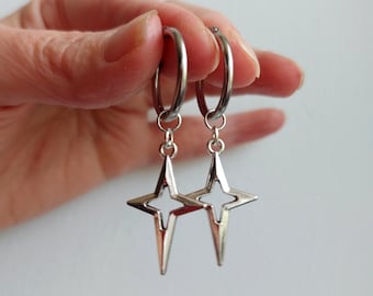 North star earrings Silver polar star earrings Stainless steel hoops Gothic earring Celestial earring Rock star’s girlfriend earrings Grunge