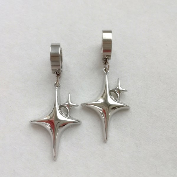 Hoop silver star earrings Stainless steel clip-on Falling star gothic earrings Rock star’s girlfriend earrings No ear piercing Grunge style