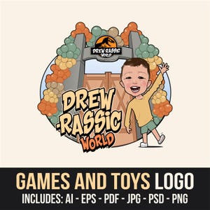 Kinderlogo voor speelgoedwinkels of verjaardagsmerken – aangepast cartoonontwerp met dinosaurusthema – leuke en speelse branding voor kinderwinkels
