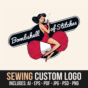 Custom Sewing Logo – Retro Pin-Up Logo Design for Tailors, Seamstresses & Handmade Brands – Vintage Sewing Logo Illustration