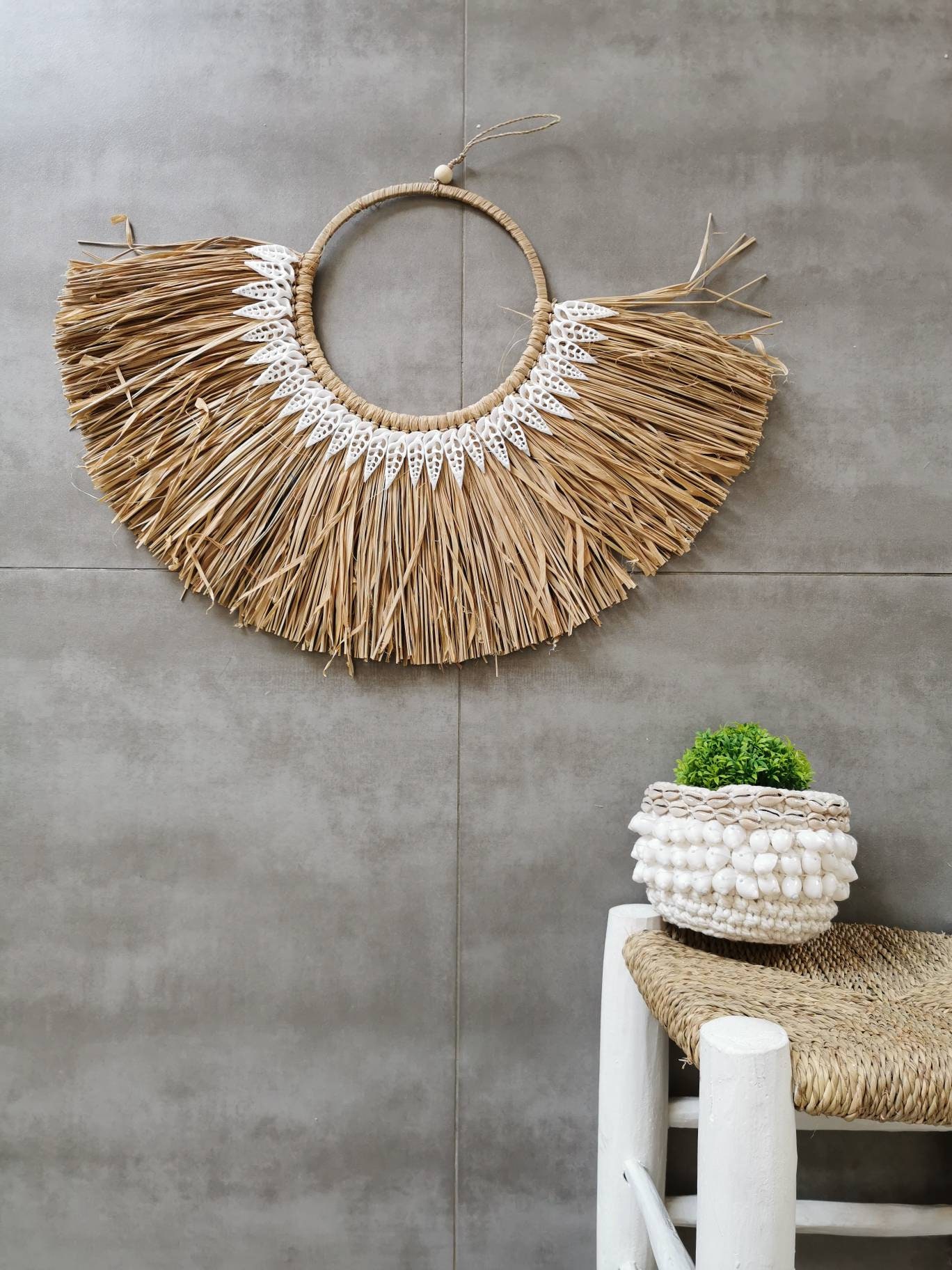 Décor Mural en Fibres Naturelles et Coquillages - Hauteur 55 cm Largeur 62 cm
