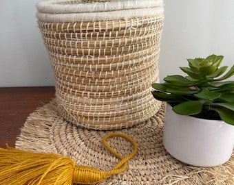 Berber box in straw and wool - H 33 cm - ecru color