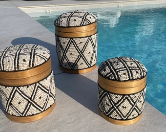 Balinese bamboo offering box entirely beaded - 3 sizes - black, white and ecru colors.