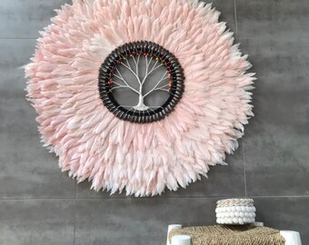 GIANT 90 cm in diameter Juju Hat jujuhat Balinese in natural feathers with shell center and tree of life powder pink color