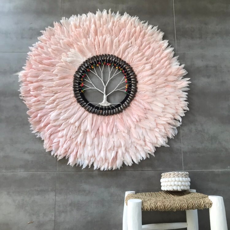 Géant 90 cm de Diamètre Juju Hat Jujuhat Balinais en Plumes Naturelles avec Centre Coquillages et Ar