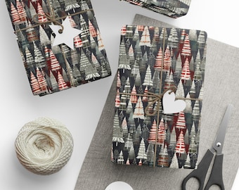 May include: Several gift-wrapped parcels featuring a repeating pattern of Christmas trees in grey, red, and white. The parcels are tied with twine and have white paper tags. A ball of twine, scissors, and extra tags are also visible.