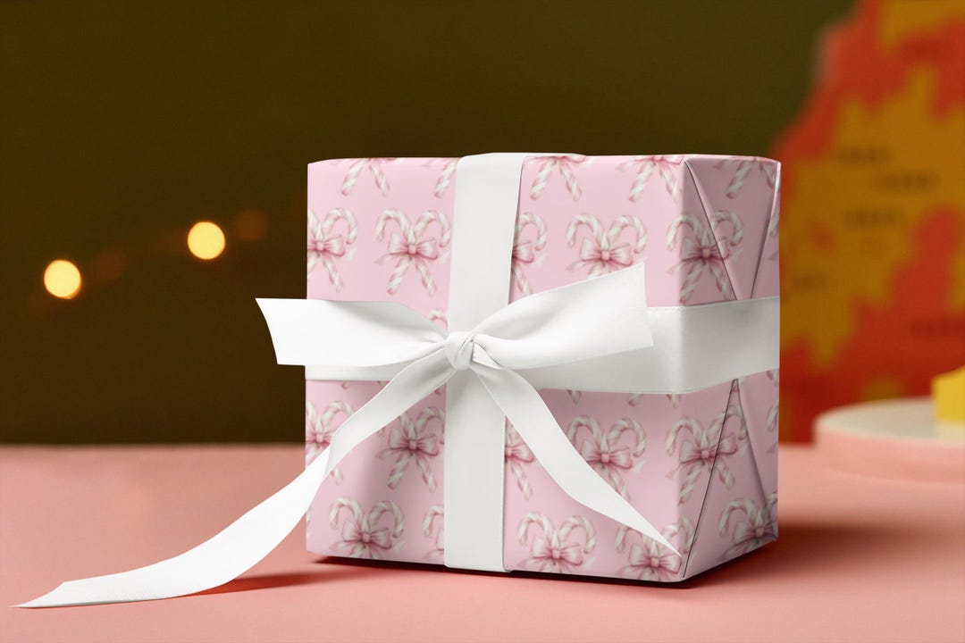 Pink Candy Cane Pattern Wrapping Paper | Bow Holiday Gift Wrap - Etsy