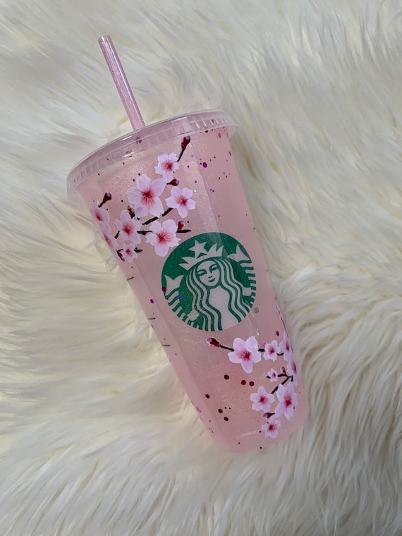 Handcrafted Cherry Blossom Starbucks Cold Cup: Pink Glitter Gift 