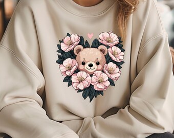 Cute Bear Floral Heart Sweatshirt, Cozy Crewneck, Animal Lover Gift