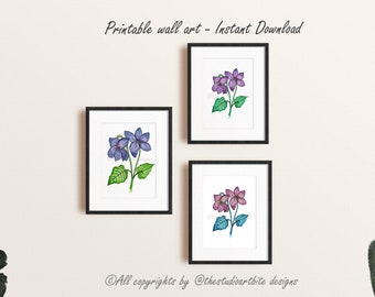 3 piece wall art-Violets flower art print-Minimal & Simple wall art printable-Instant Download