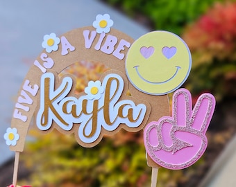 Groovy Birthday Decor Daisy Cake Topper | Five is a Vibe Two Groovy Cake Topper | 70s Birthday Party Theme Decoration| Happy Face Peace Sign