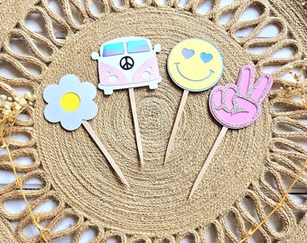 Groovy birthday decor Cupcake Toppers | Daisy, Retro, Van, Happy Face, Peace Sign Hippie 70s Party Theme Decoration| Two groovy | Is a Vibe