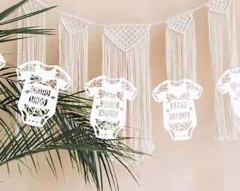 Cielito Lindo Baby Shower Onesie Garland Banner, Gender reveal decoration / White Papel Picado Fiesta Banner/ Mexican Themed Party Decor