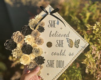 Graduation Cap Topper Custom/ Personalize/ 3D Flowers Roses and Butterflies Cap Topper Design / Custom Grad Cap/ Neutral Black Bow/ Couquett