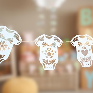 Cielito Lindo Baby Shower Onesie Garland Banner, Gender reveal decoration / White Papel Picado Fiesta Banner/ Mexican Themed Party Decor
