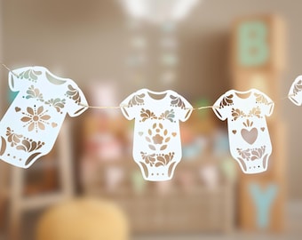Cielito Lindo Baby Shower Onesie Garland Banner, Gender reveal decoration / White Papel Picado Fiesta Banner/ Mexican Themed Party Decor