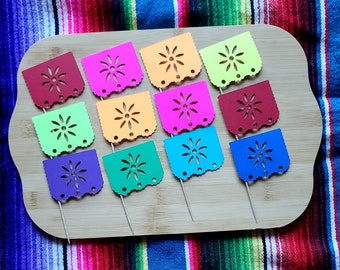 Papel Picado Banner Cupcake Toppers, Birthday Fiesta Theme, Banderitas, Mini Banderas, Final Fiesta Bachelorette Decor, Wedding, Baptism