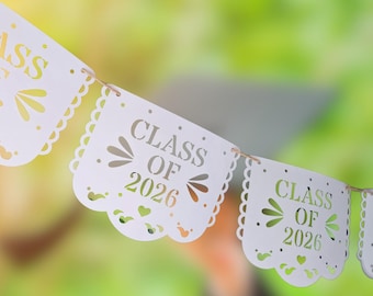 White Papel Picado Class of 2026 Graduation Banner/ Fiesta Graduate/ Custom Mexican Aesthetic Talavera Party Decoration