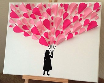 guest book - 3d signature tree - fingerprint tree "The little girl with the balloons" baptism, birthday, baby shower,